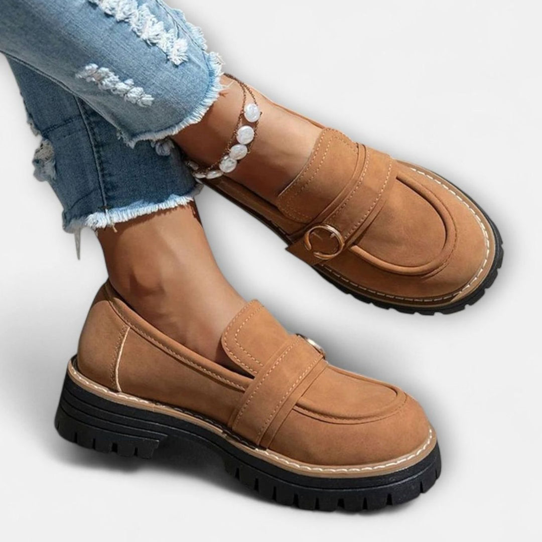Women's Suede Platform Slip-On Loafers Gold Buckle Detail