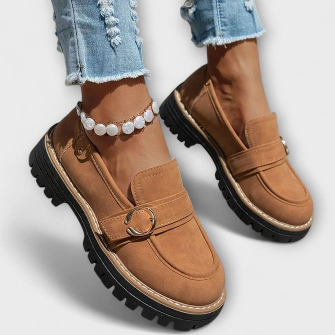 Women's Suede Platform Slip-On Loafers Gold Buckle Detail
