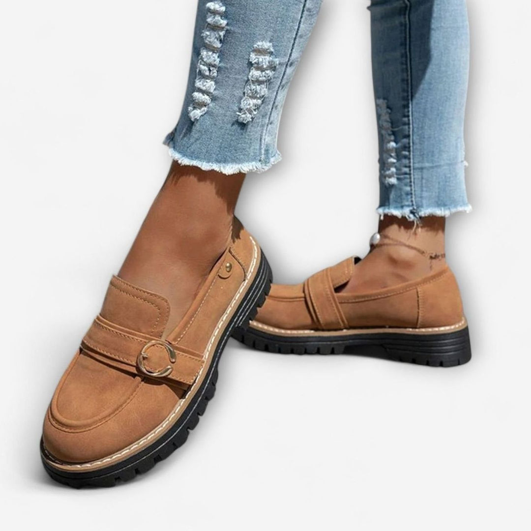 Women's Suede Platform Slip-On Loafers Gold Buckle Detail