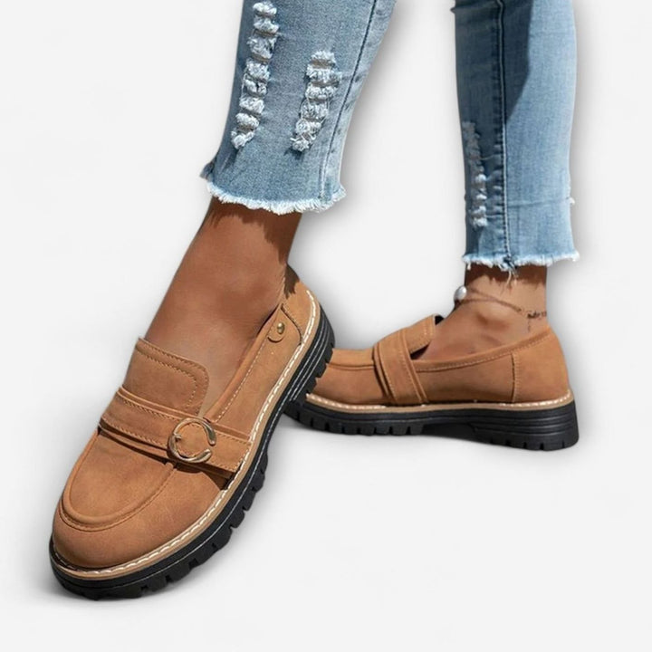 Women's Suede Platform Slip-On Loafers Gold Buckle Detail
