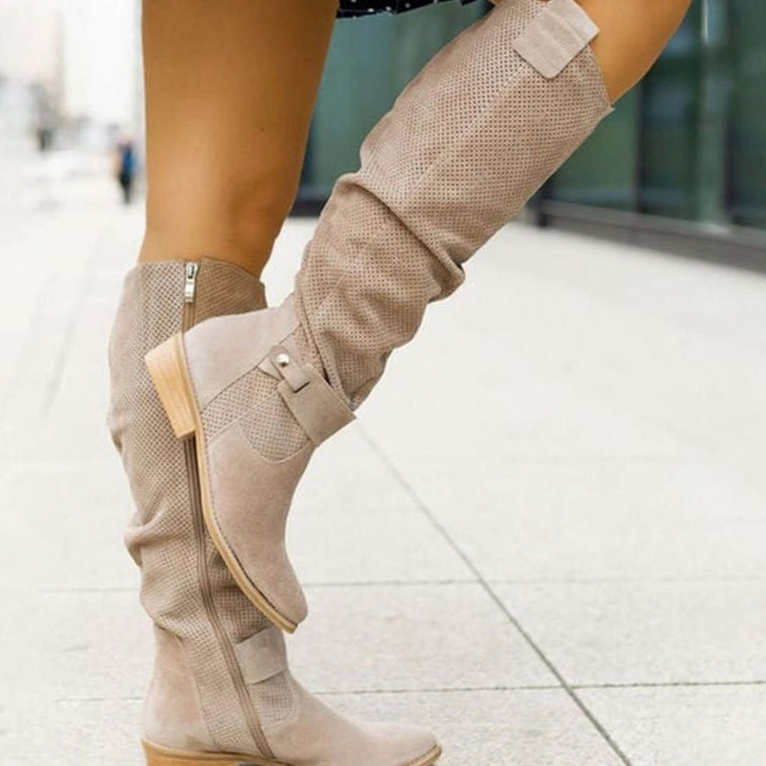Women's Suede Slouchy Block-Heel Knee High Boots