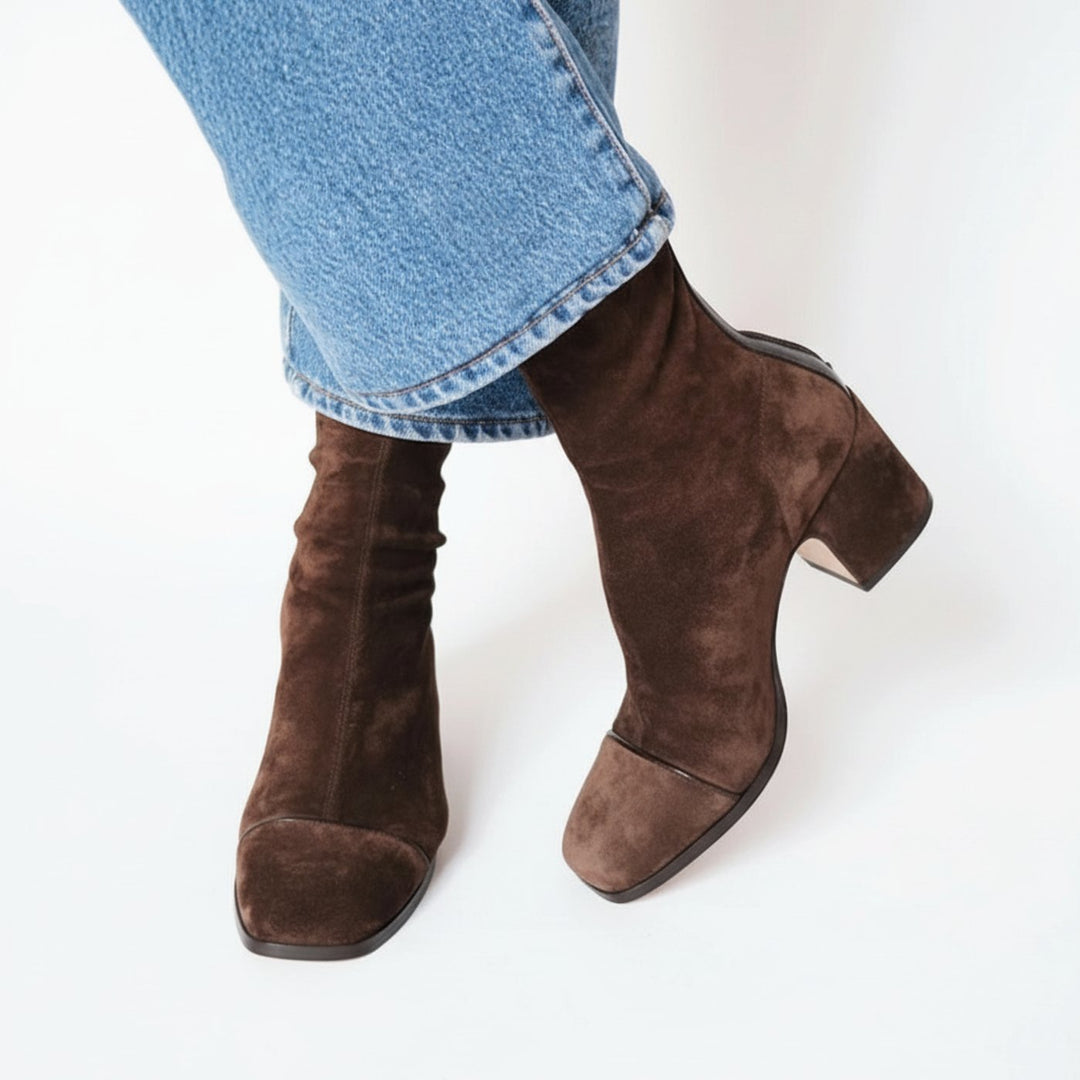 Women's Suede Square-Toe Block-Heel Ankle Boots - Dark Brown