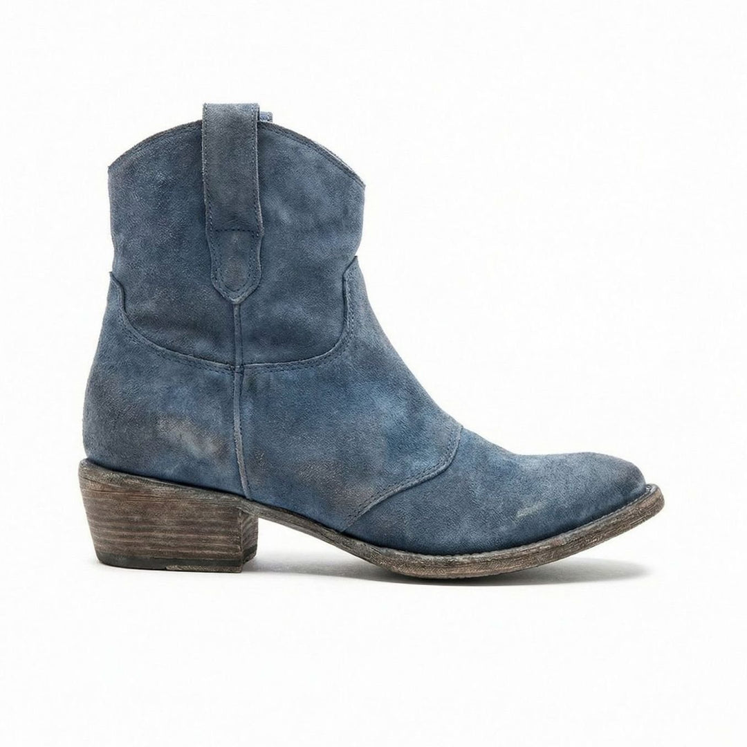 Women's Suede Western Ankle Cowboy Boots Side-Zip - Light Blue