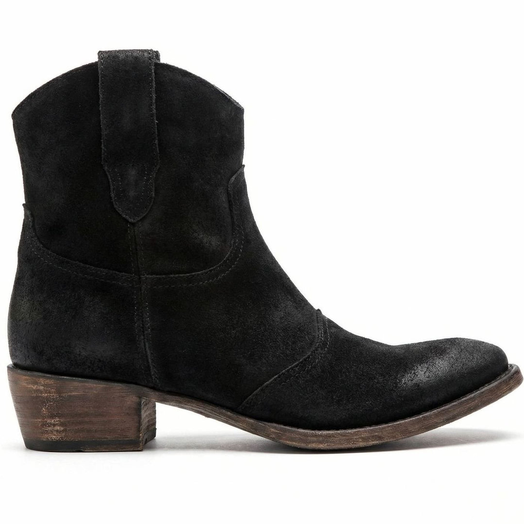 Women's Suede Western Ankle Cowboy Boots Side-Zip - Black