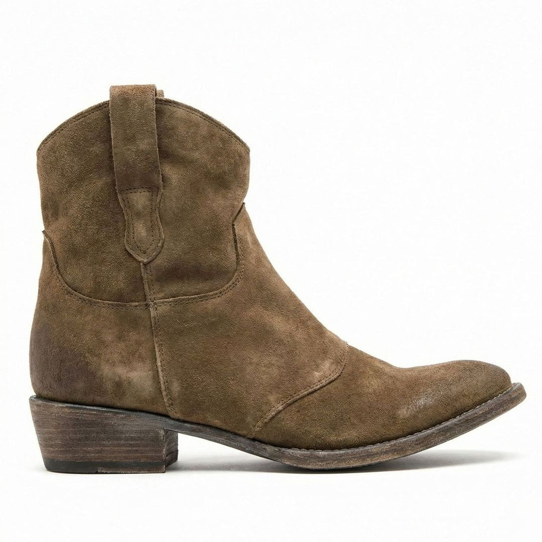 Women's Suede Western Ankle Cowboy Boots Side-Zip - Brown