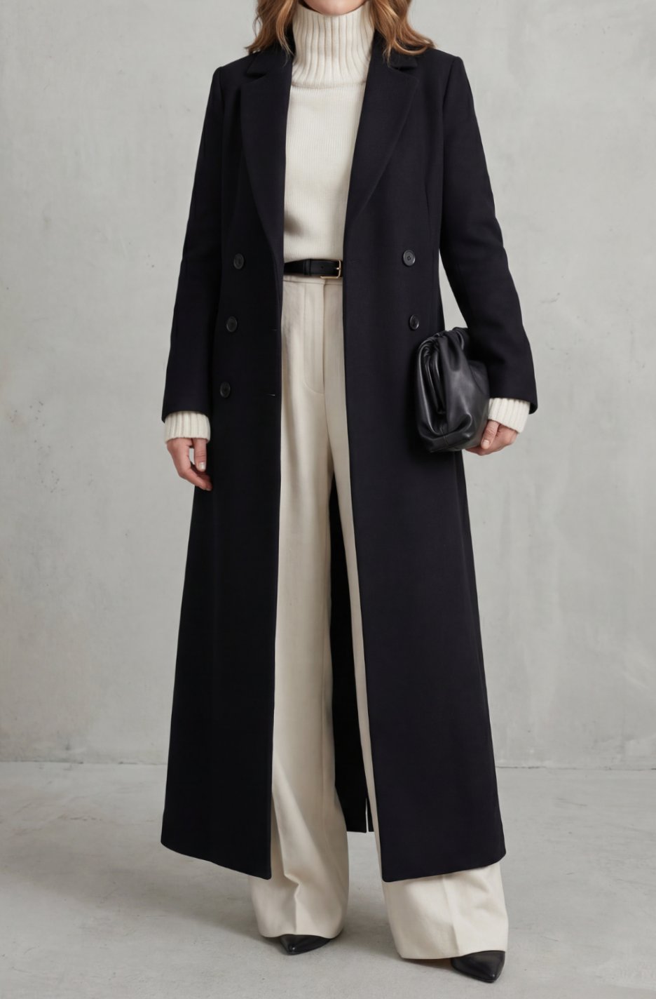 Women's Tailored Double-Breasted Long Wool Overcoat - Black