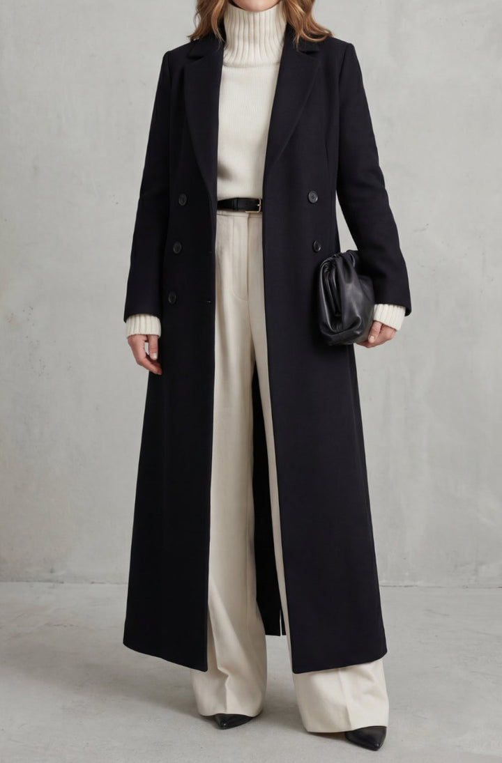 Women's Tailored Double-Breasted Long Wool Overcoat - Black