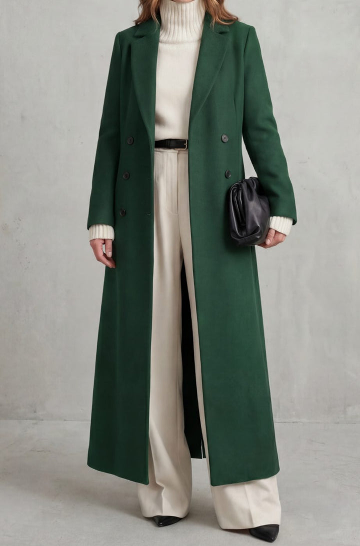 Women's Tailored Double-Breasted Long Wool Overcoat - Green