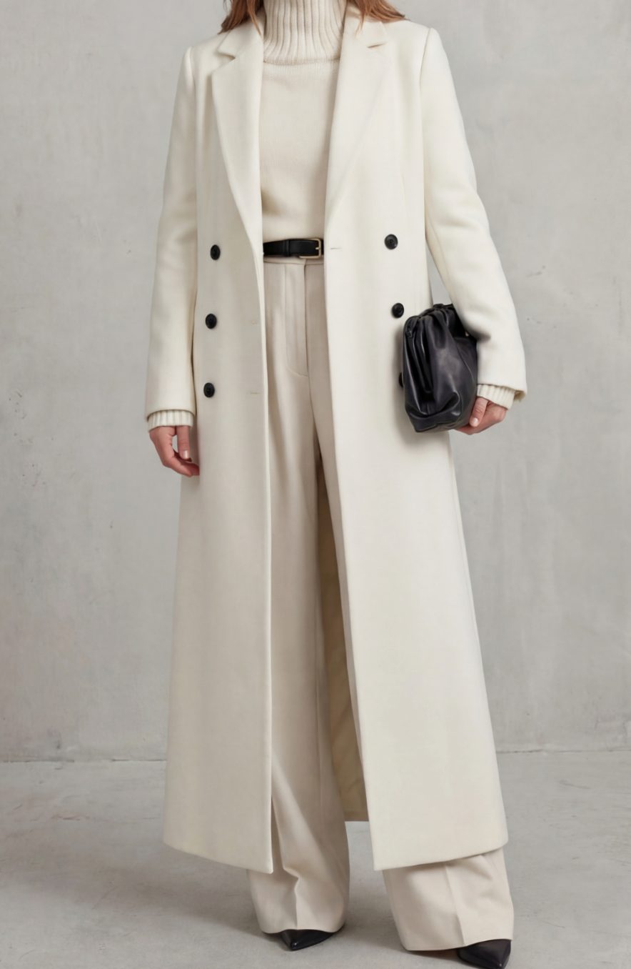 Women's Tailored Double-Breasted Long Wool Overcoat - White