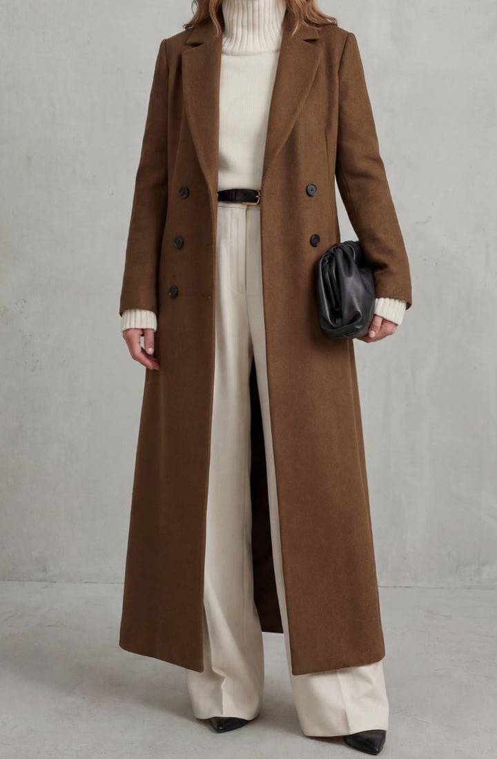 Women's Tailored Double-Breasted Long Wool Overcoat - Brown