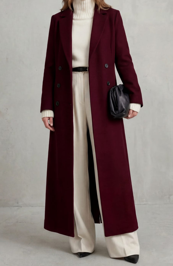 Women's Tailored Double-Breasted Long Wool Overcoat - Wine Red