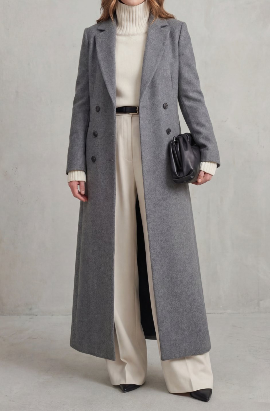 Women's Tailored Double-Breasted Long Wool Overcoat - Gray