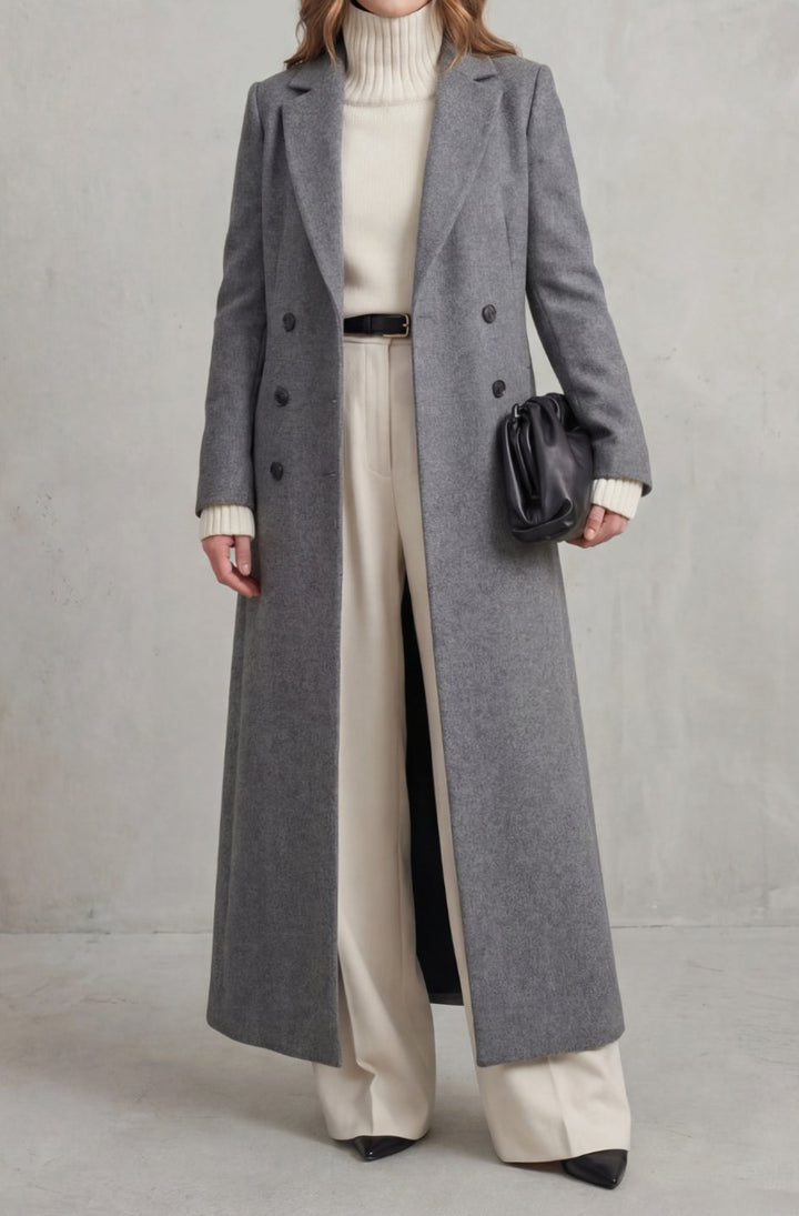 Women's Tailored Double-Breasted Long Wool Overcoat - Gray