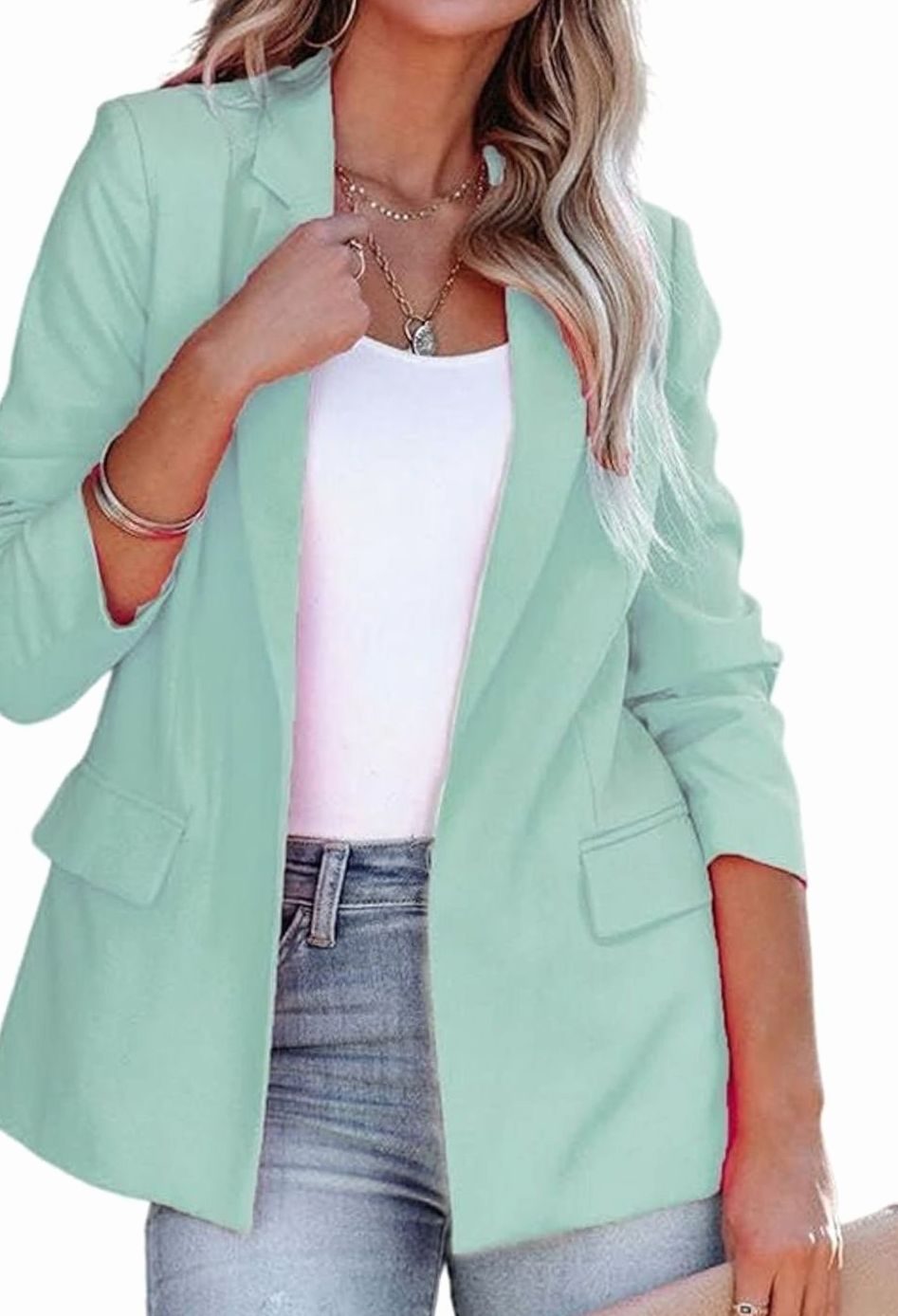 Women's Tailored Open-Front Notch-Lapel Blazer Jacket - Light Green