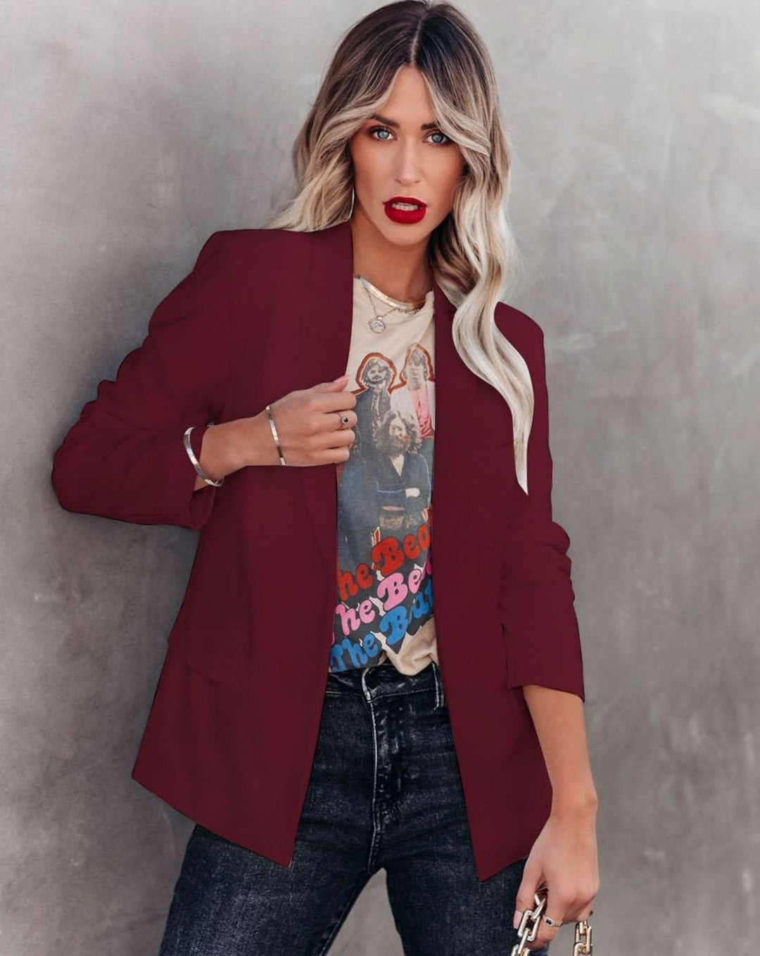Women's Tailored Open-Front Notch-Lapel Blazer Jacket - Dark Red