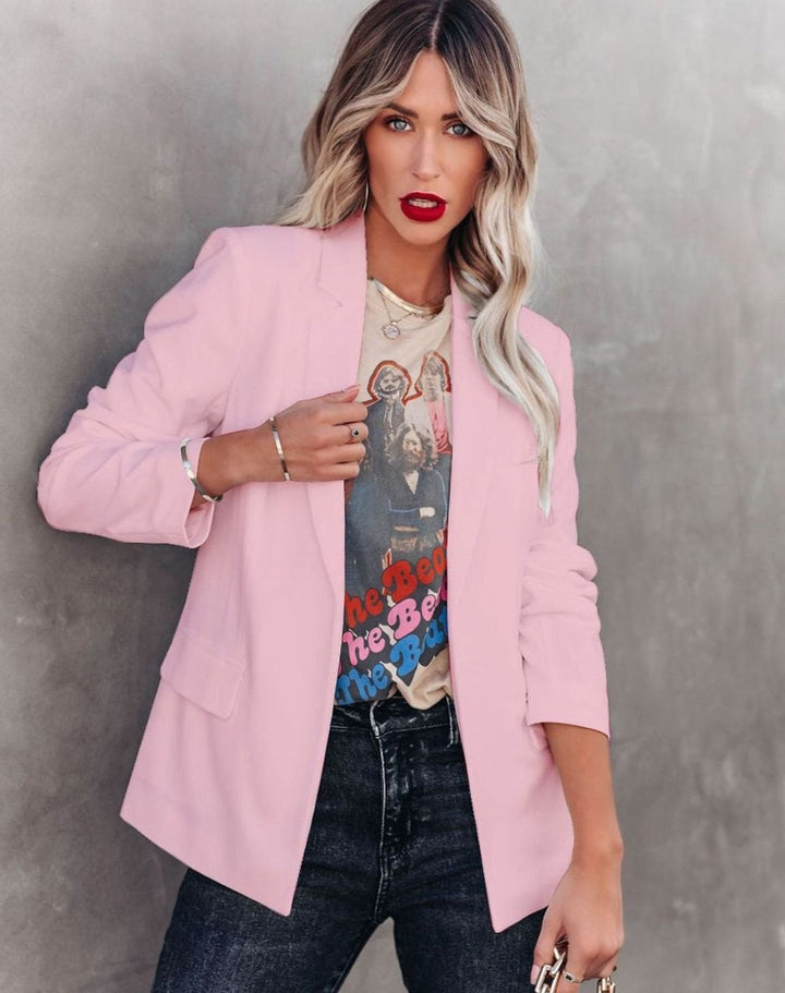 Women's Tailored Open-Front Notch-Lapel Blazer Jacket - Light Pink