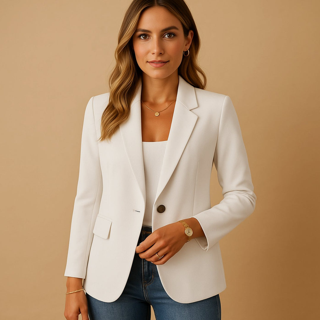 Women's Tailored Single-Breasted Notch Lapel Blazer Jacket, White - White