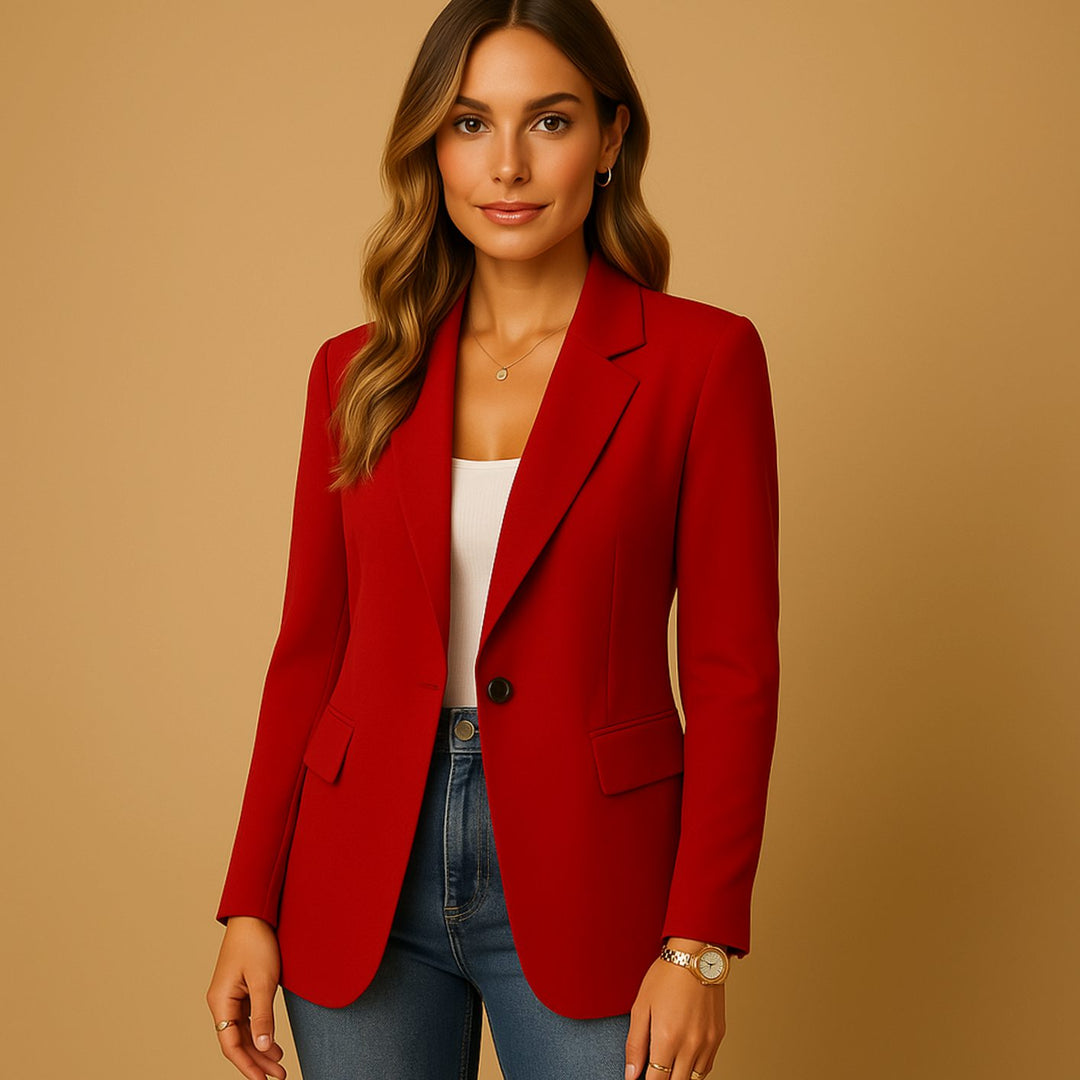 Women's Tailored Single-Breasted Notch Lapel Blazer Jacket, White - Red