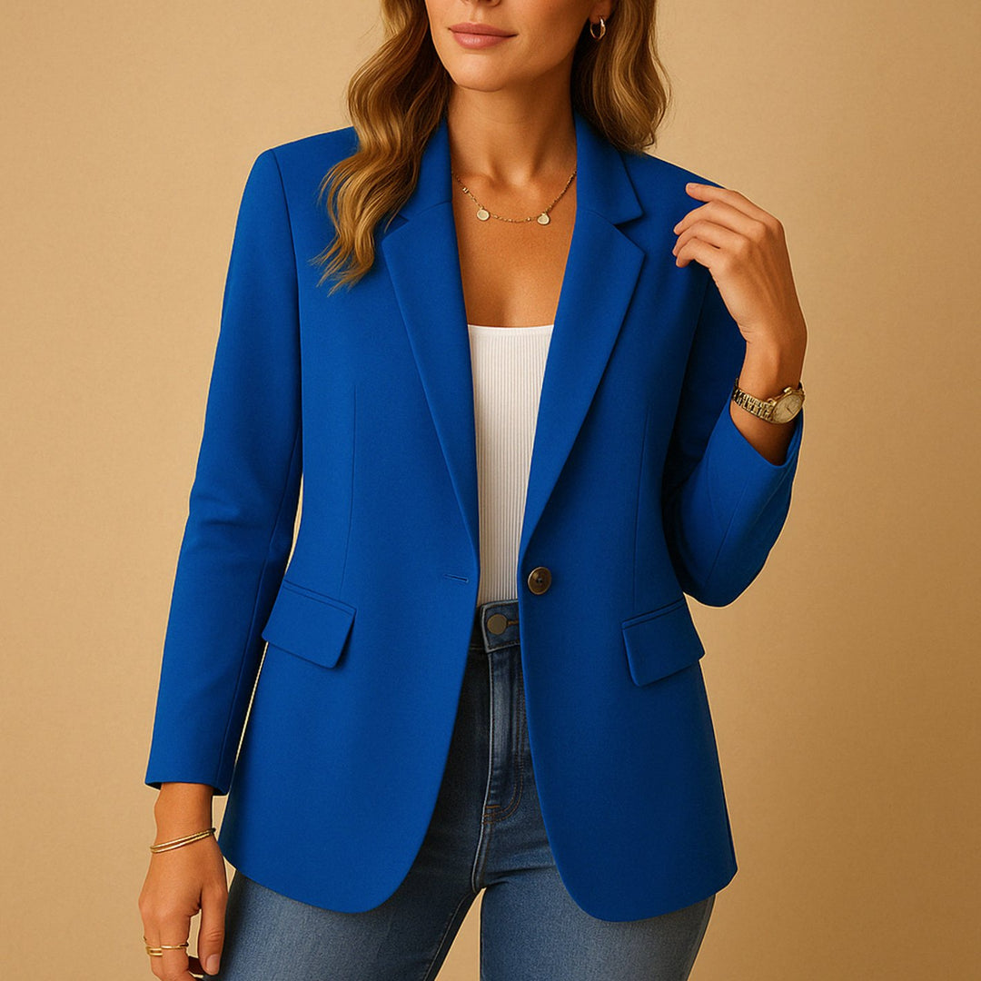 Women's Tailored Single-Breasted Notch Lapel Blazer Jacket, White - Blue