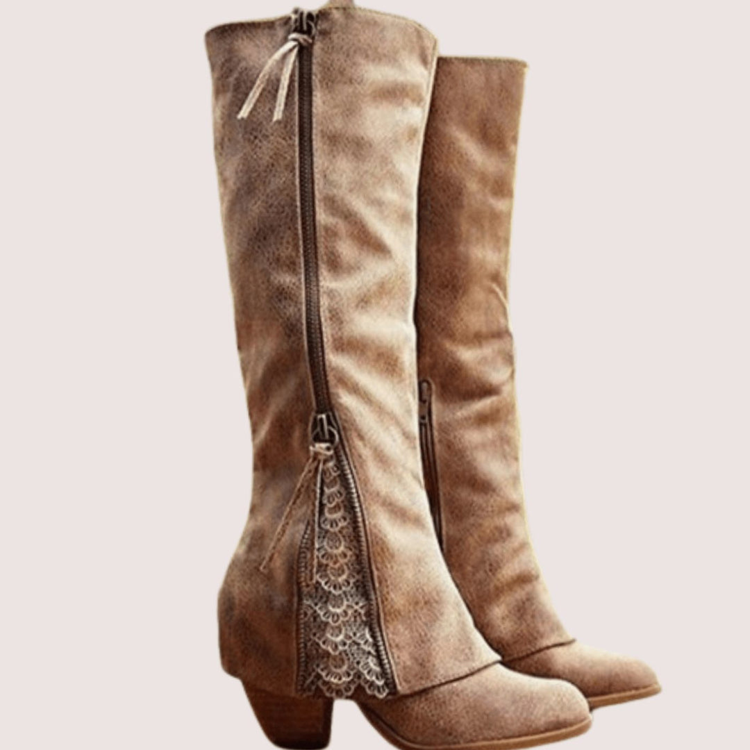 Women's Tall Western Distressed Suede Lace-Accent Block-Heel Boots - Brown
