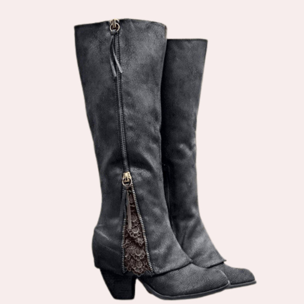 Women's Tall Western Distressed Suede Lace-Accent Block-Heel Boots - Black