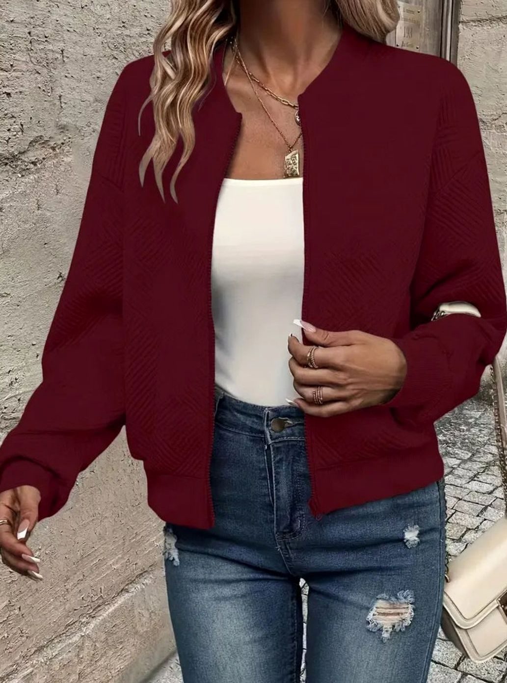 Women's Textured Zip-Up Cropped Bomber Jacket - Dark Red
