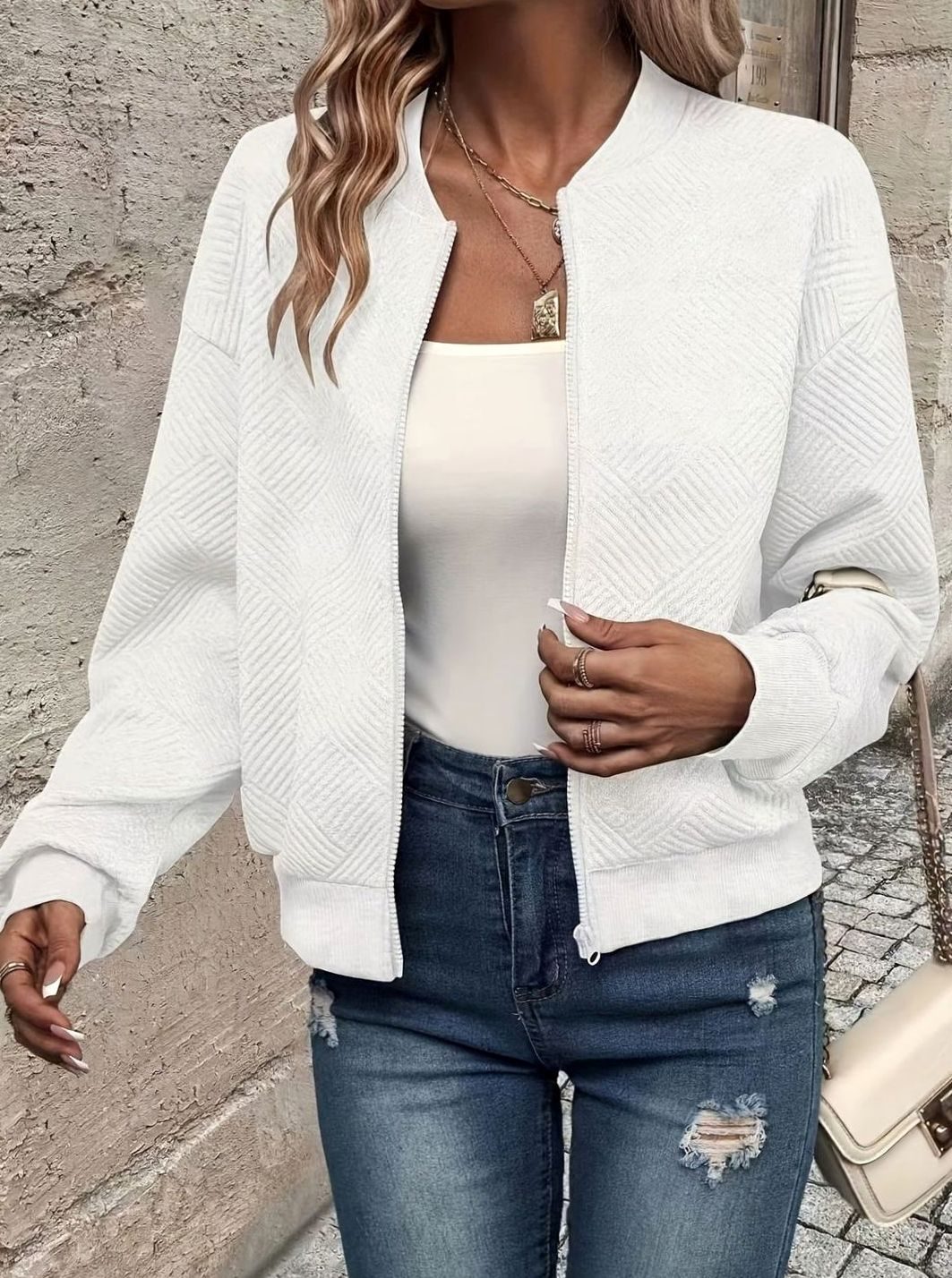Women's Textured Zip-Up Cropped Bomber Jacket - White