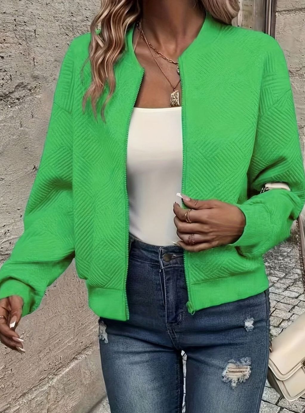 Women's Textured Zip-Up Cropped Bomber Jacket