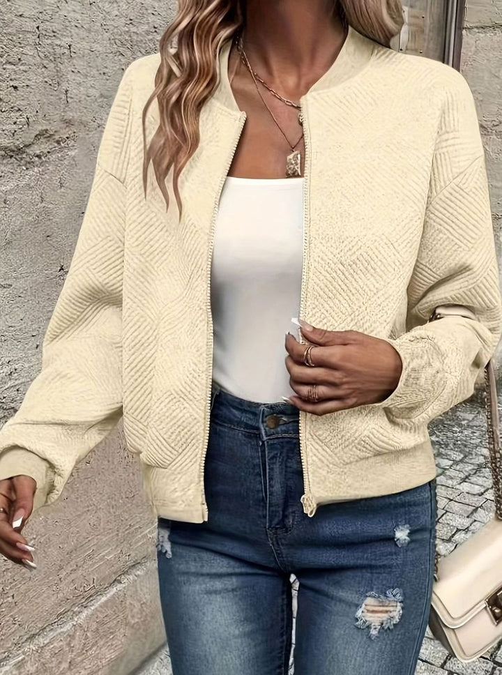 Women's Textured Zip-Up Cropped Bomber Jacket - Apricot