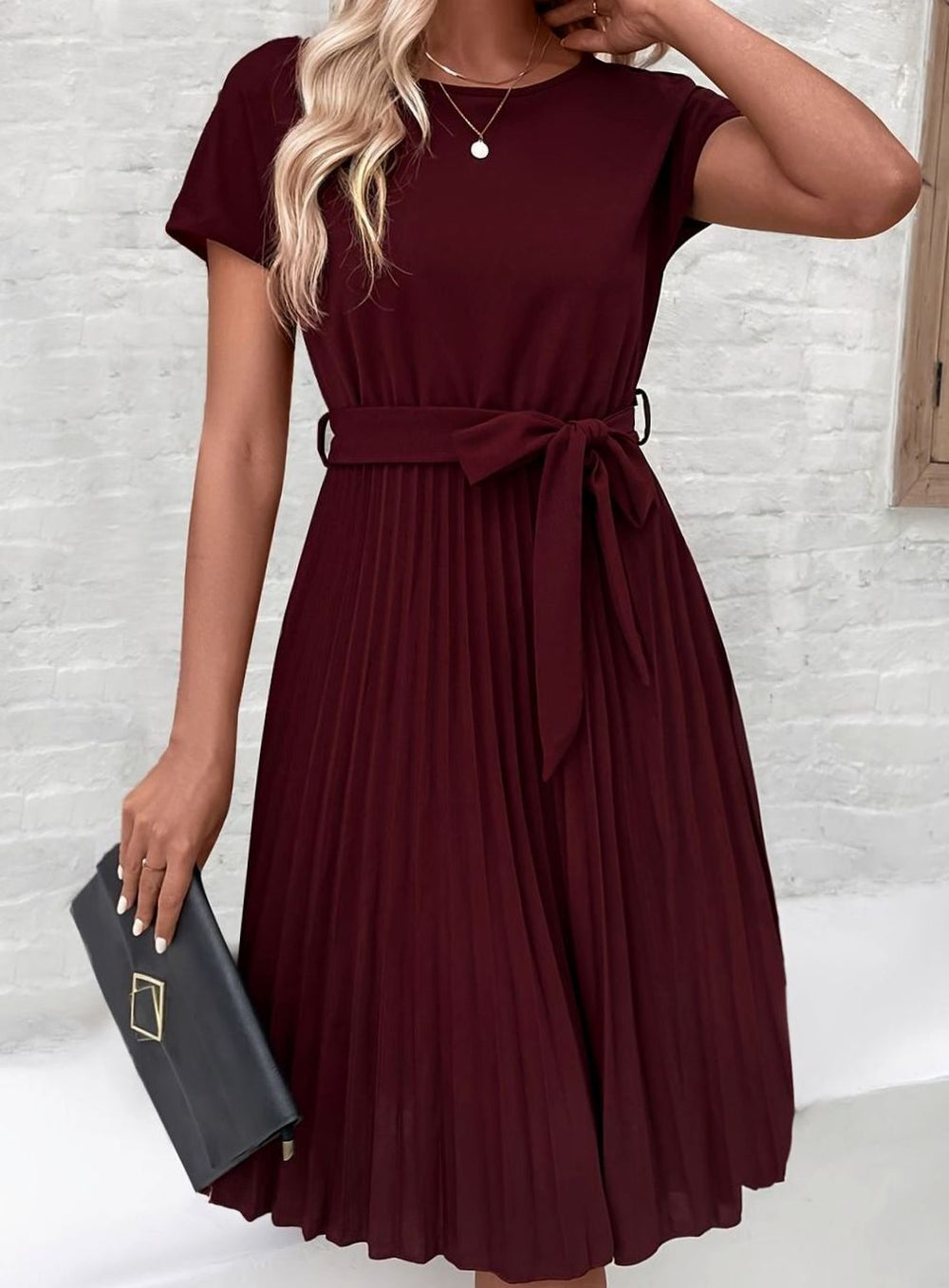 Women's Tie Waist Pleated Midi Dress Short Sleeve - Wine Red