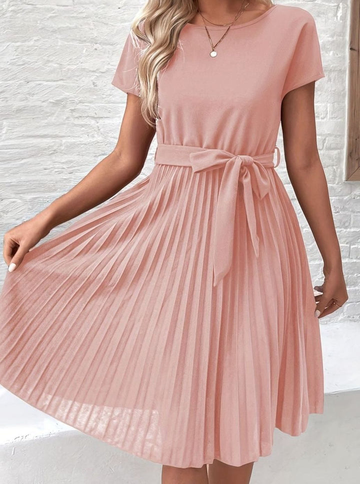 Women's Tie Waist Pleated Midi Dress Short Sleeve - Pink