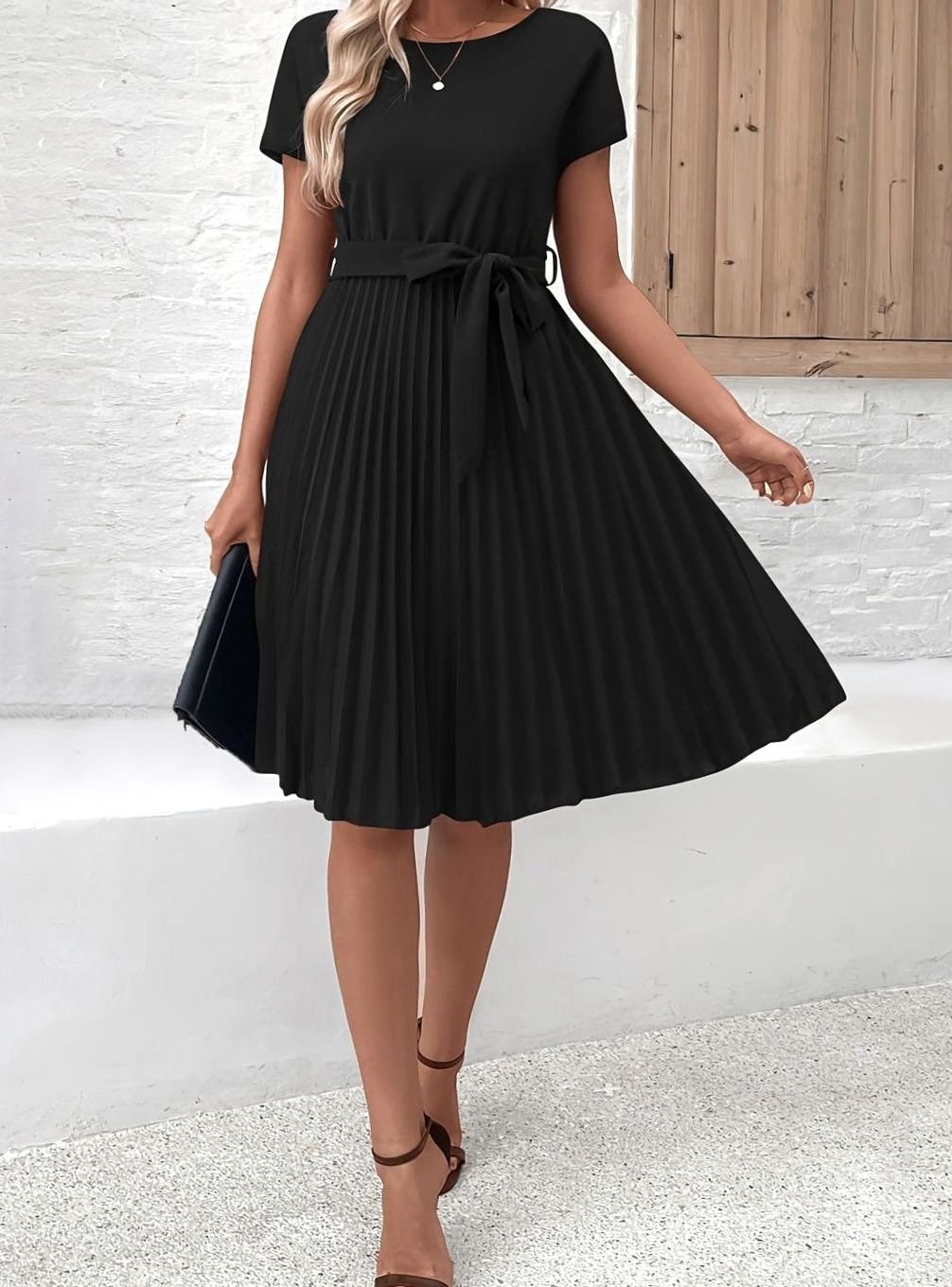 Women's Tie Waist Pleated Midi Dress Short Sleeve - Black