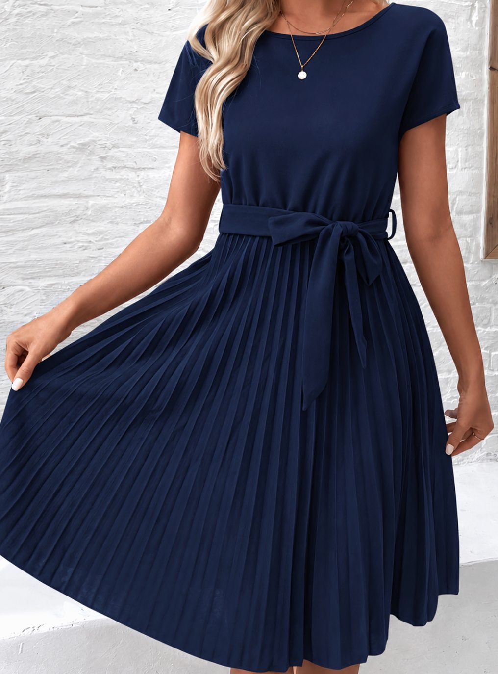 Women's Tie Waist Pleated Midi Dress Short Sleeve - Navy Blue