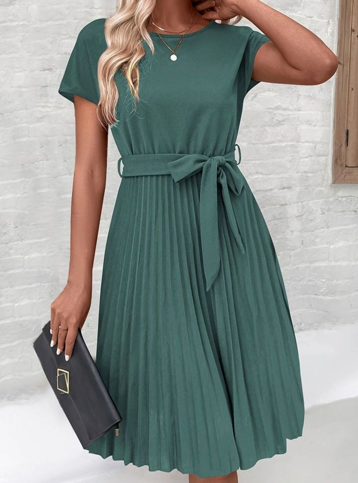 Women's Tie Waist Pleated Midi Dress Short Sleeve - Olive Green