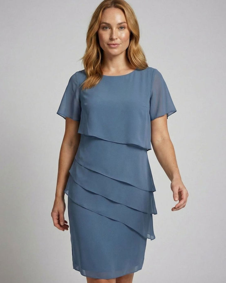 Women's Tiered Chiffon Short-Sleeve Knee-Length Cocktail Dress - Blue