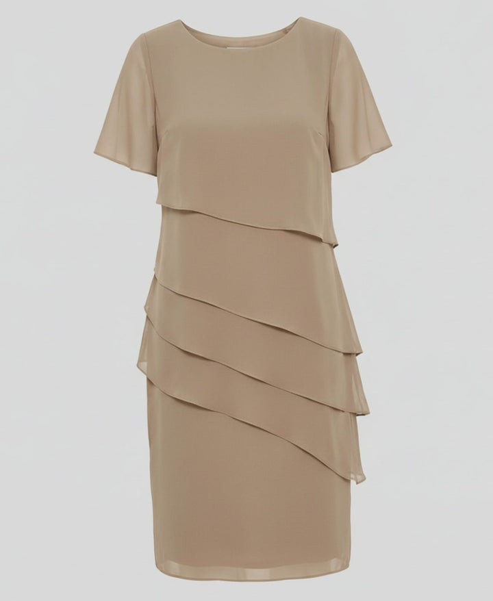 Women's Tiered Chiffon Short-Sleeve Knee-Length Cocktail Dress - Khaki