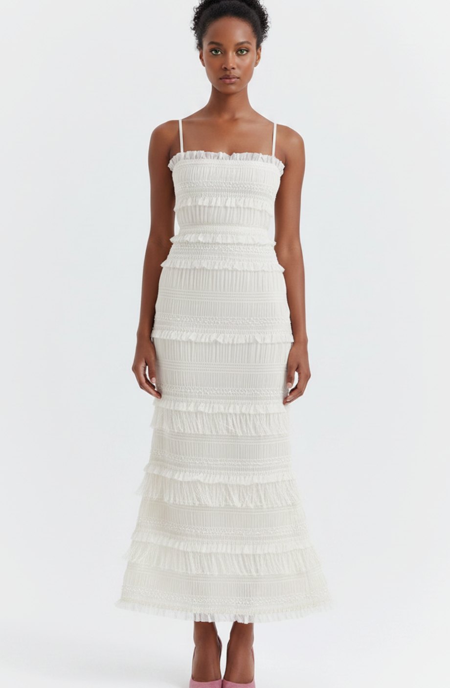 Women's Tiered Fringe Smocked Spaghetti-Strap Midi Dress - White