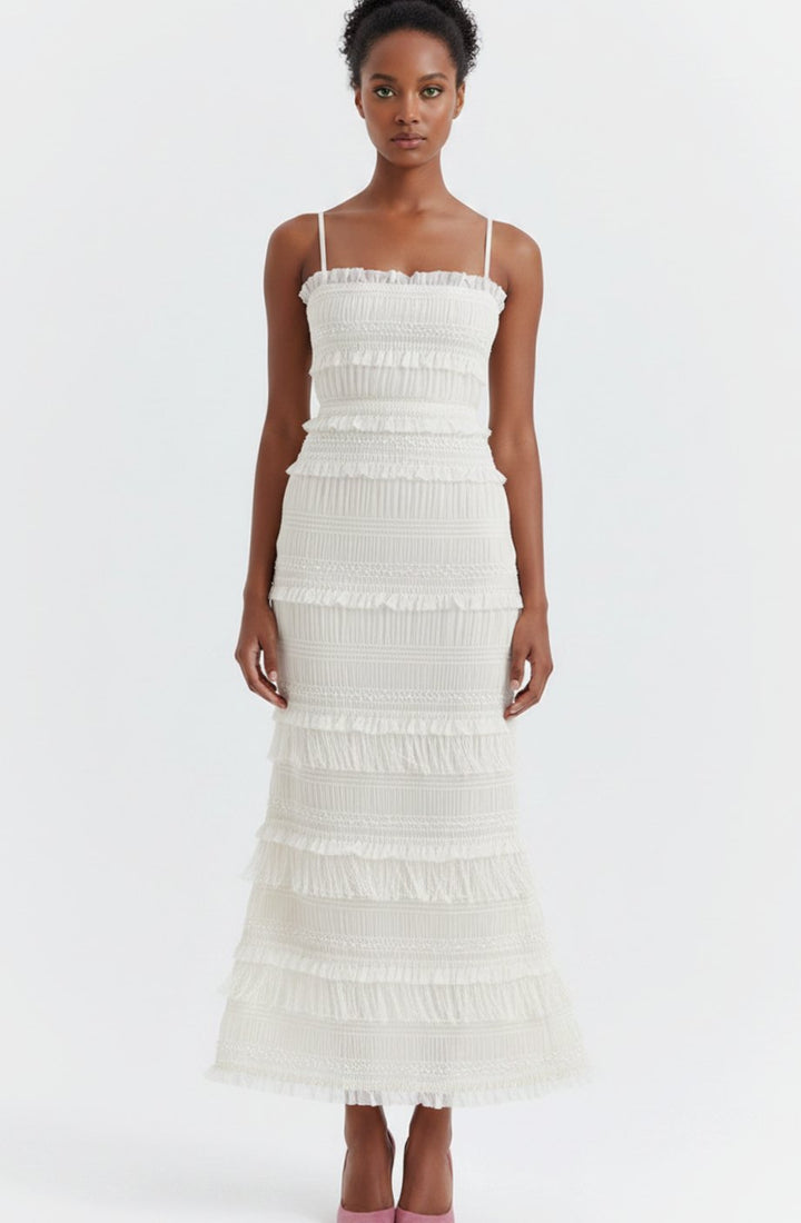 Women's Tiered Fringe Smocked Spaghetti-Strap Midi Dress - White