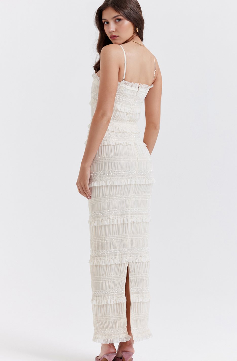 Women's Tiered Fringe Smocked Spaghetti-Strap Midi Dress