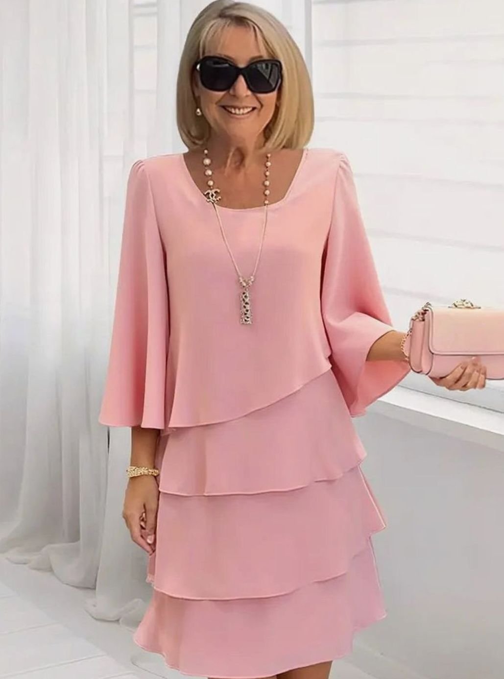 Women's Tiered Ruffle Flared-Sleeve Chiffon Mini Dress - Pink