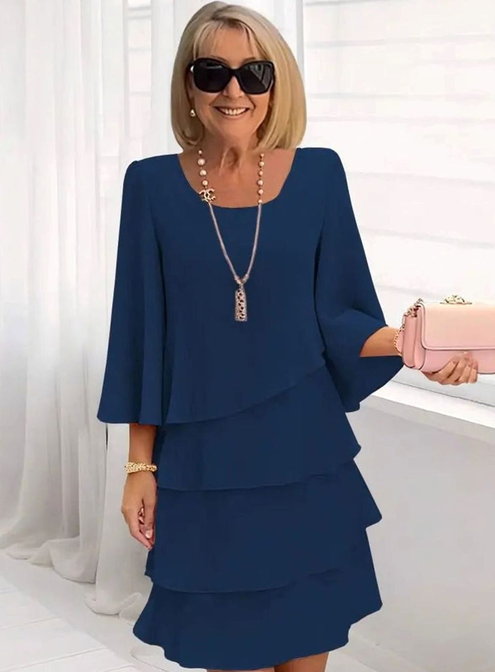 Women's Tiered Ruffle Flared-Sleeve Chiffon Mini Dress - Blue