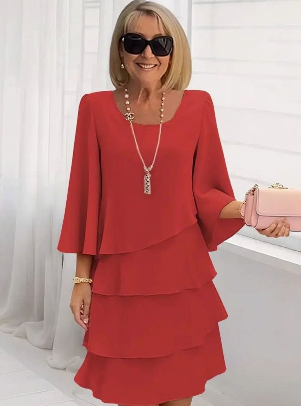 Women's Tiered Ruffle Flared-Sleeve Chiffon Mini Dress - Red
