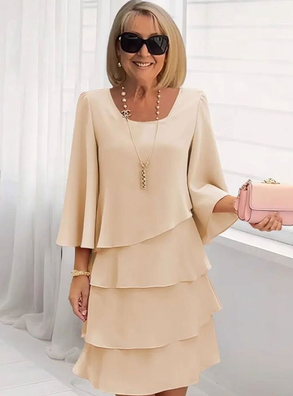 Women's Tiered Ruffle Flared-Sleeve Chiffon Mini Dress - Khaki