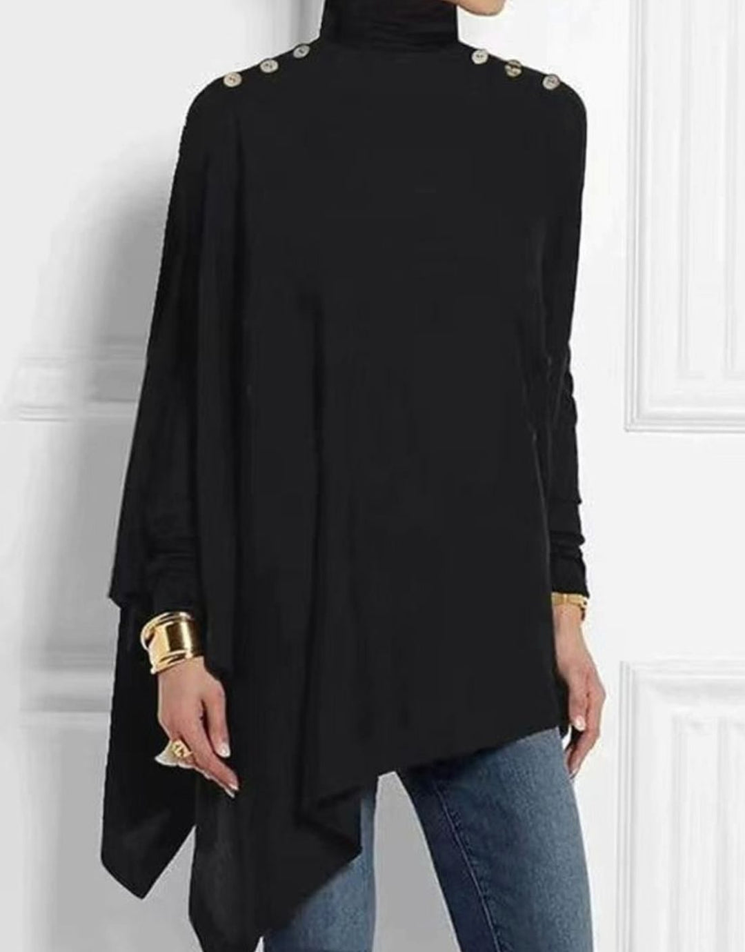 Women's Turtleneck Asymmetric Long Sleeve Top Gold Button Shoulders - Black