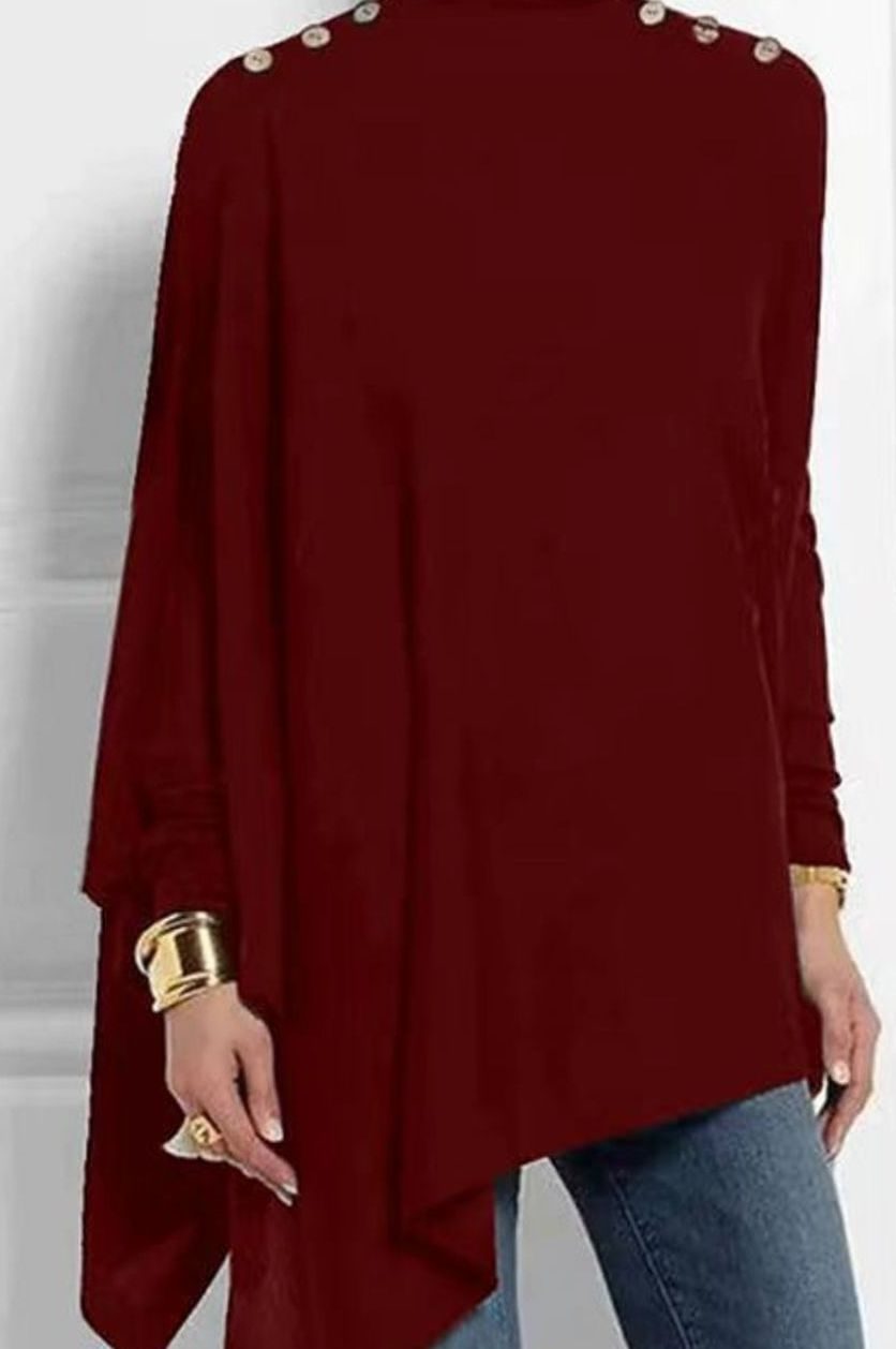 Women's Turtleneck Asymmetric Long Sleeve Top Gold Button Shoulders - Red