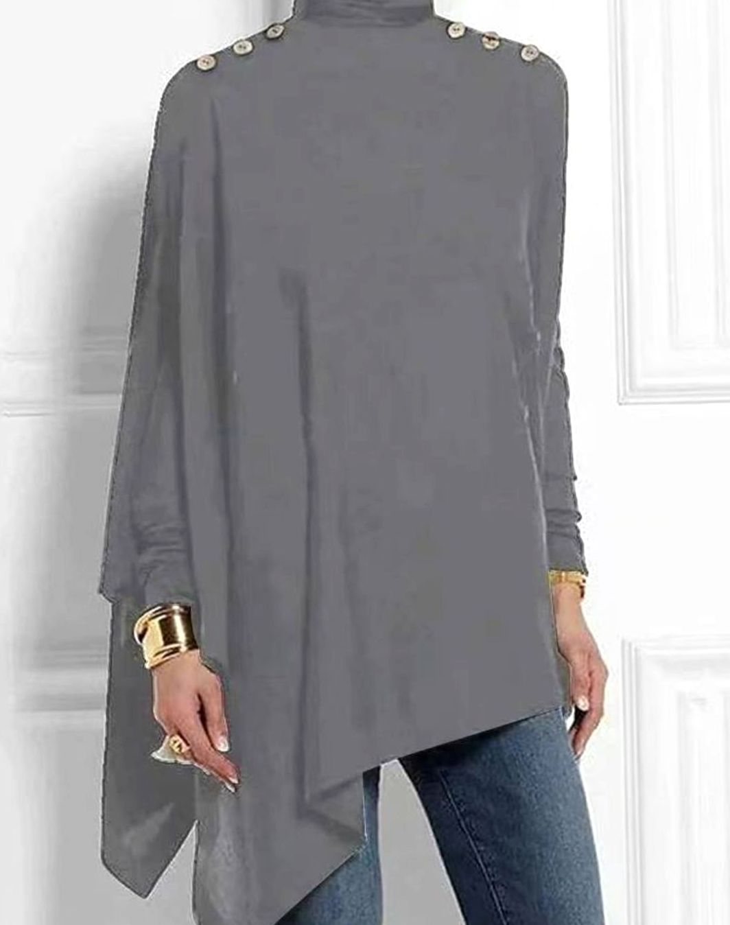 Women's Turtleneck Asymmetric Long Sleeve Top Gold Button Shoulders - Gray