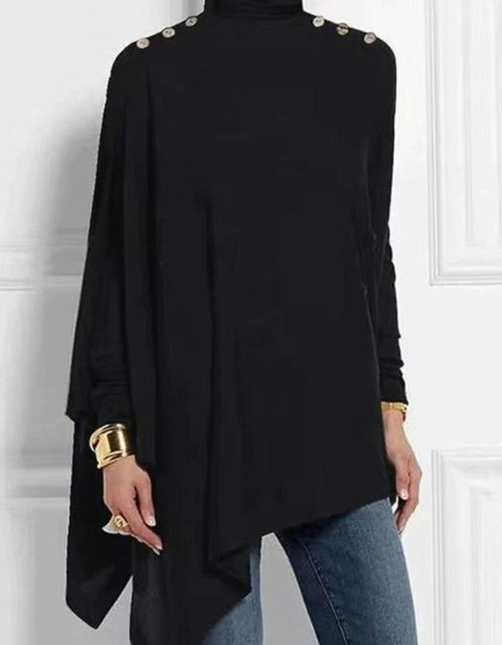 Women's Turtleneck Asymmetric Long Sleeve Top Gold Button Shoulders
