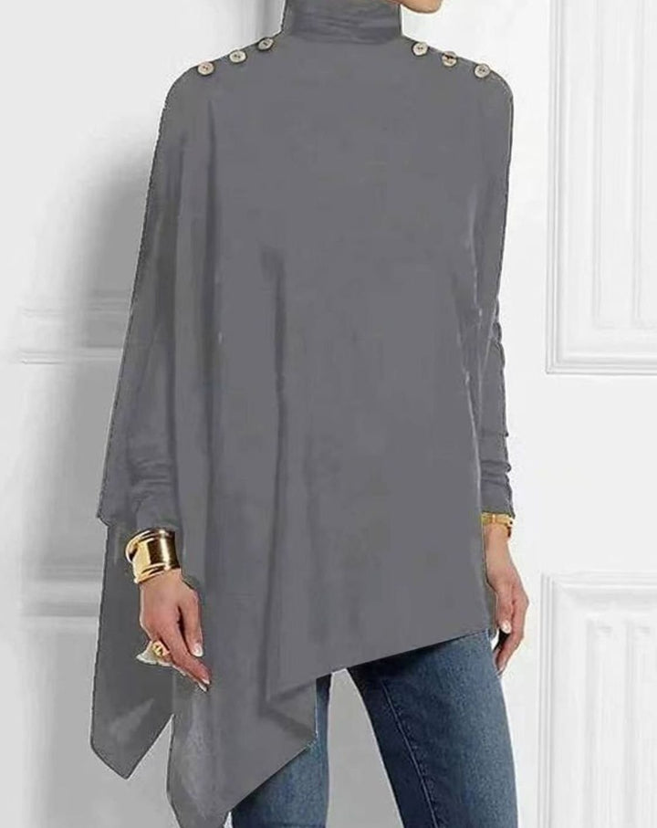 Women's Turtleneck Asymmetric Long Sleeve Top Gold Button Shoulders