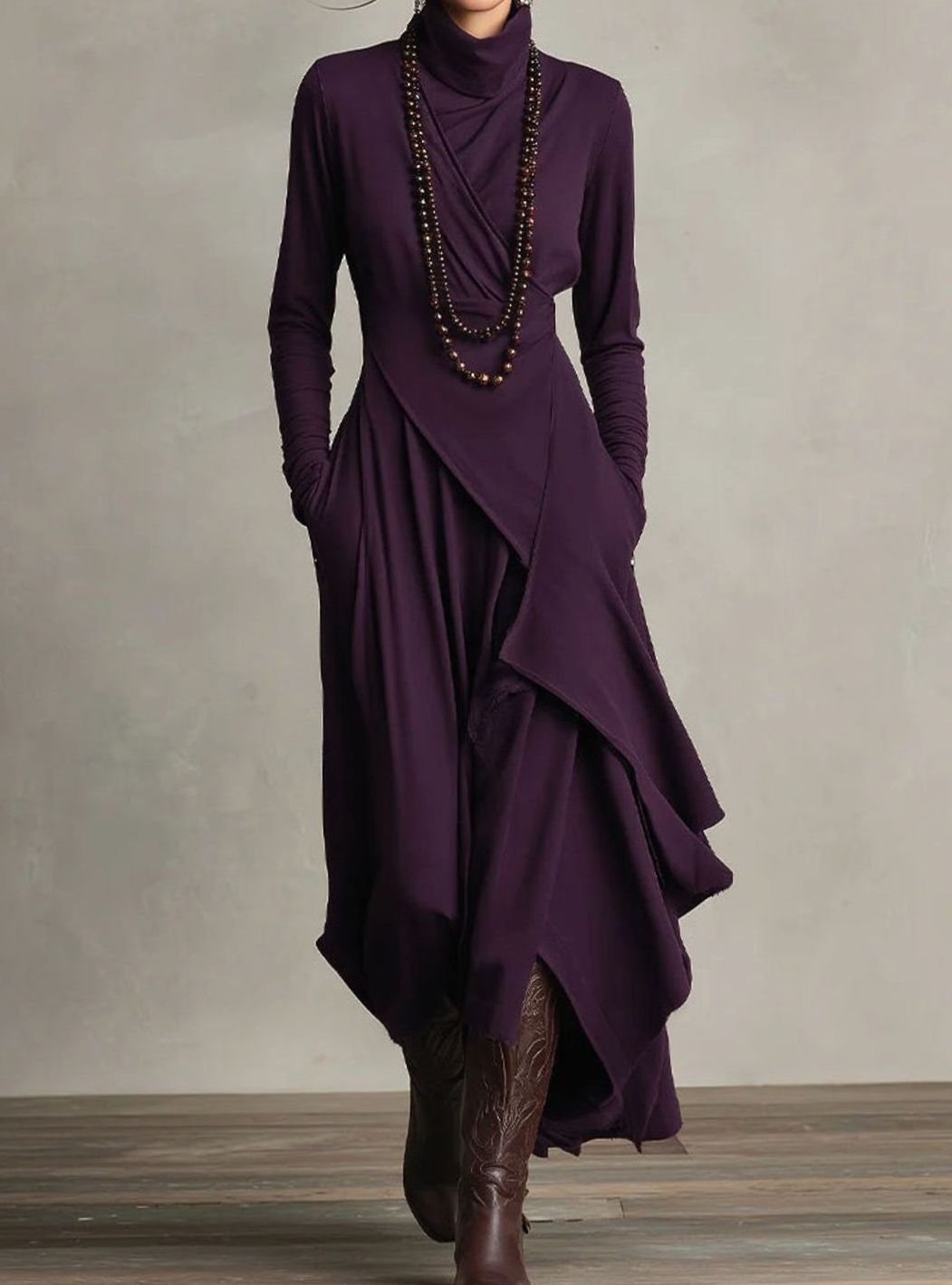 Women's Turtleneck Long Sleeve Asymmetric Layered Maxi Dress - Purple