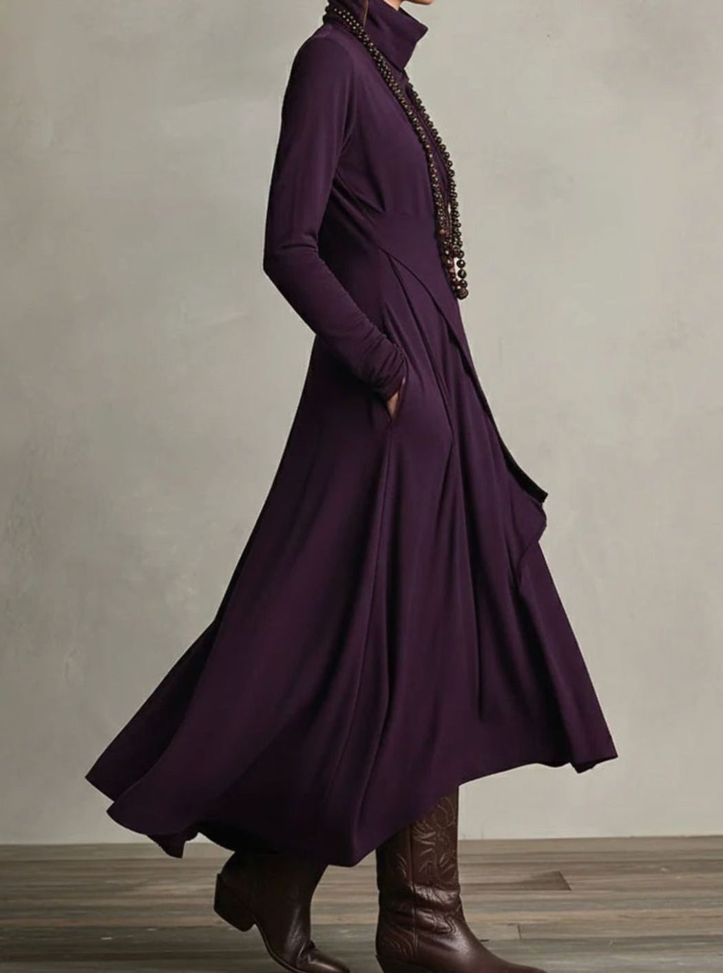 Women's Turtleneck Long Sleeve Asymmetric Layered Maxi Dress